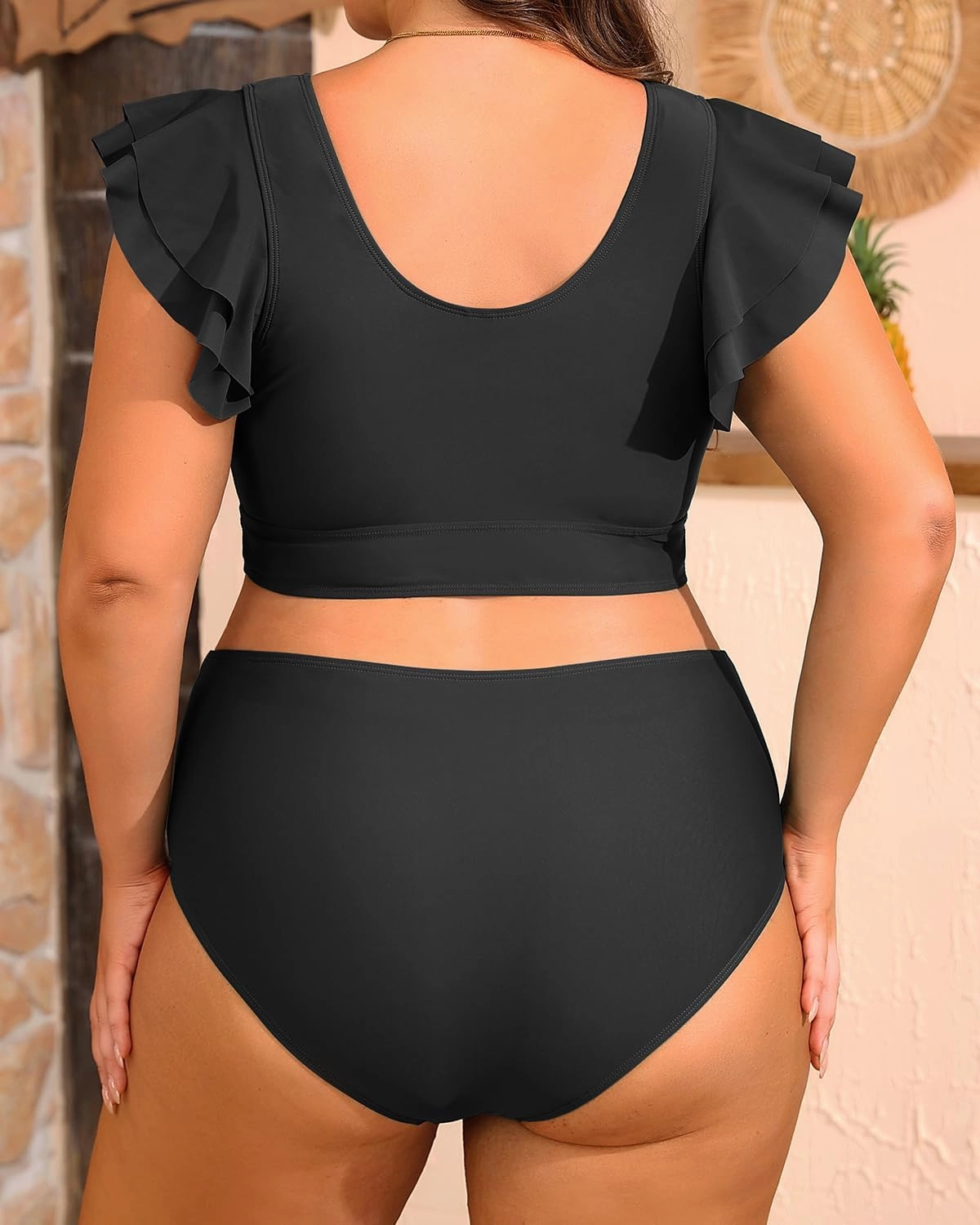 Daci Plus Size Two Piece Bikini Swimsuits - High Waisted Tummy Control Women Bathing Suits with Ruffle Sleeve Swimwear