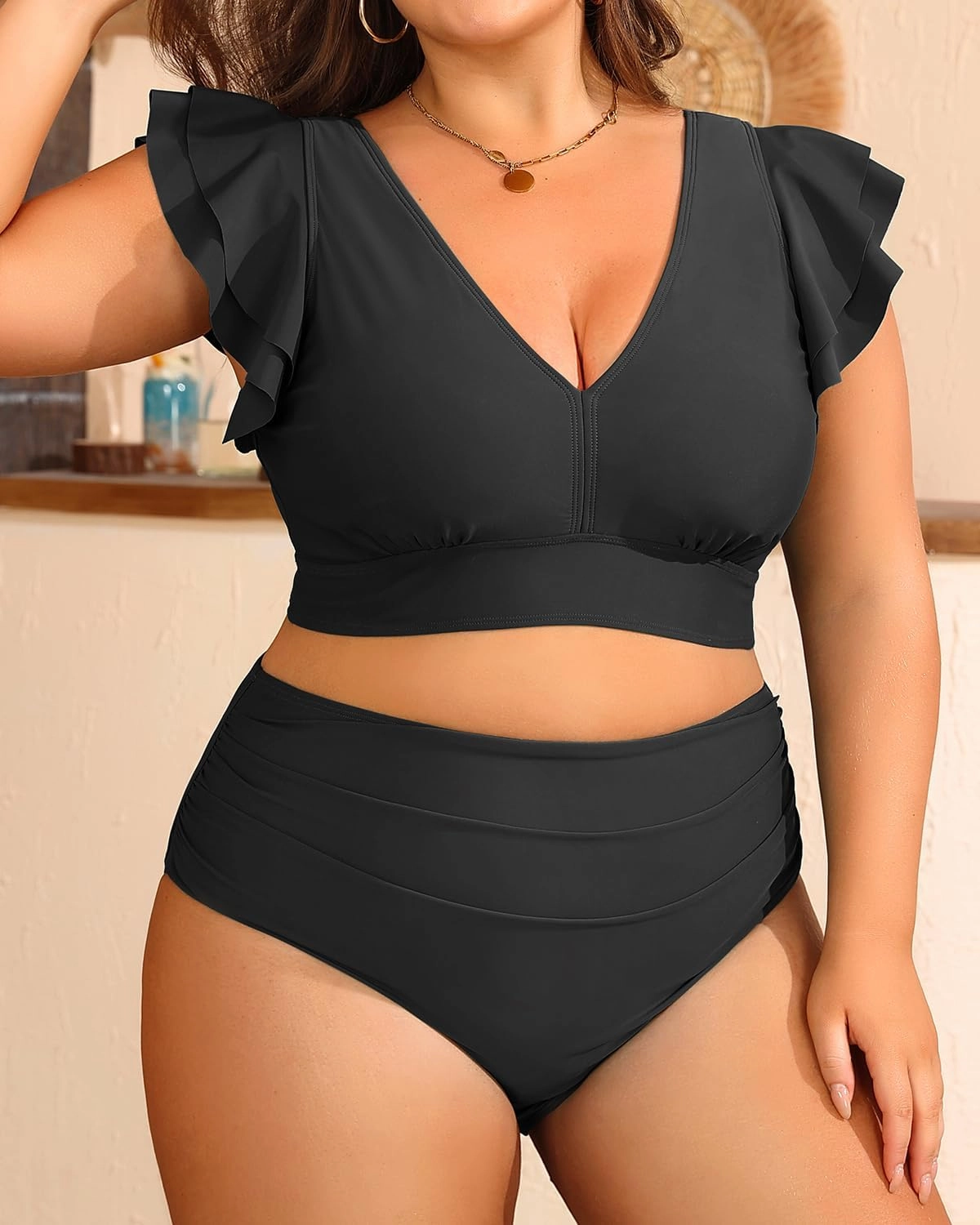 Daci Plus Size Two Piece Bikini Swimsuits - High Waisted Tummy Control Women Bathing Suits with Ruffle Sleeve Swimwear