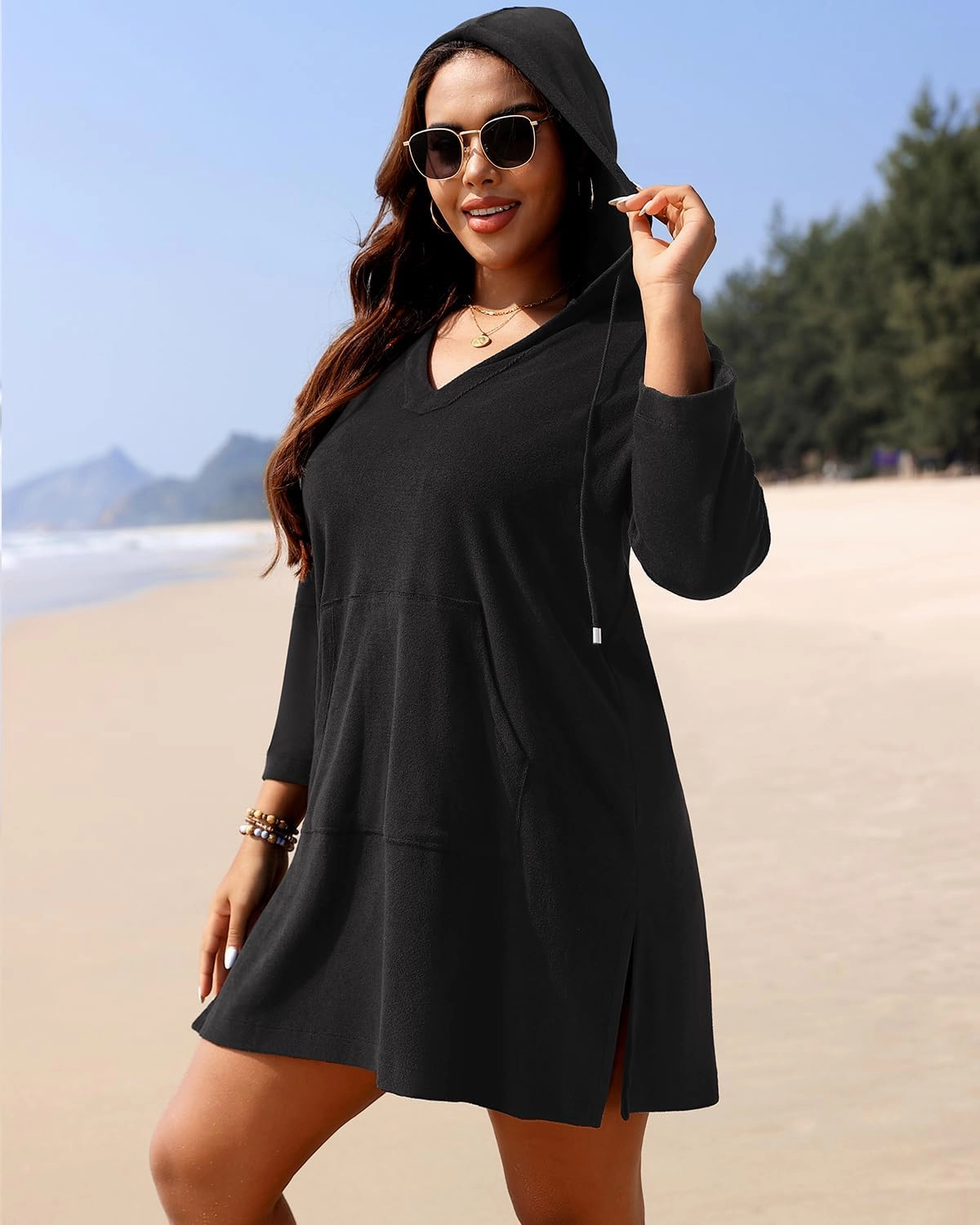 Daci Plus Size Women Terry Cloth Swimsuit Cover Up Long Sleeve Beach Bathing Suit Coverup Hooded Cotton Swim with Pockets