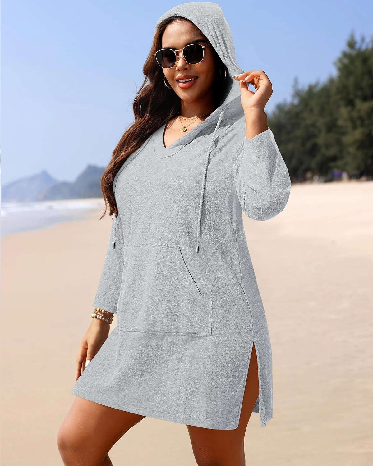 Daci Plus Size Women Terry Cloth Swimsuit Cover Up Long Sleeve Beach Bathing Suit Coverup Hooded Cotton Swim with Pockets