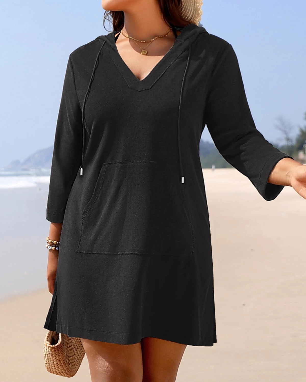 Daci Plus Size Women Terry Cloth Swimsuit Cover Up Long Sleeve Beach Bathing Suit Coverup Hooded Cotton Swim with Pockets