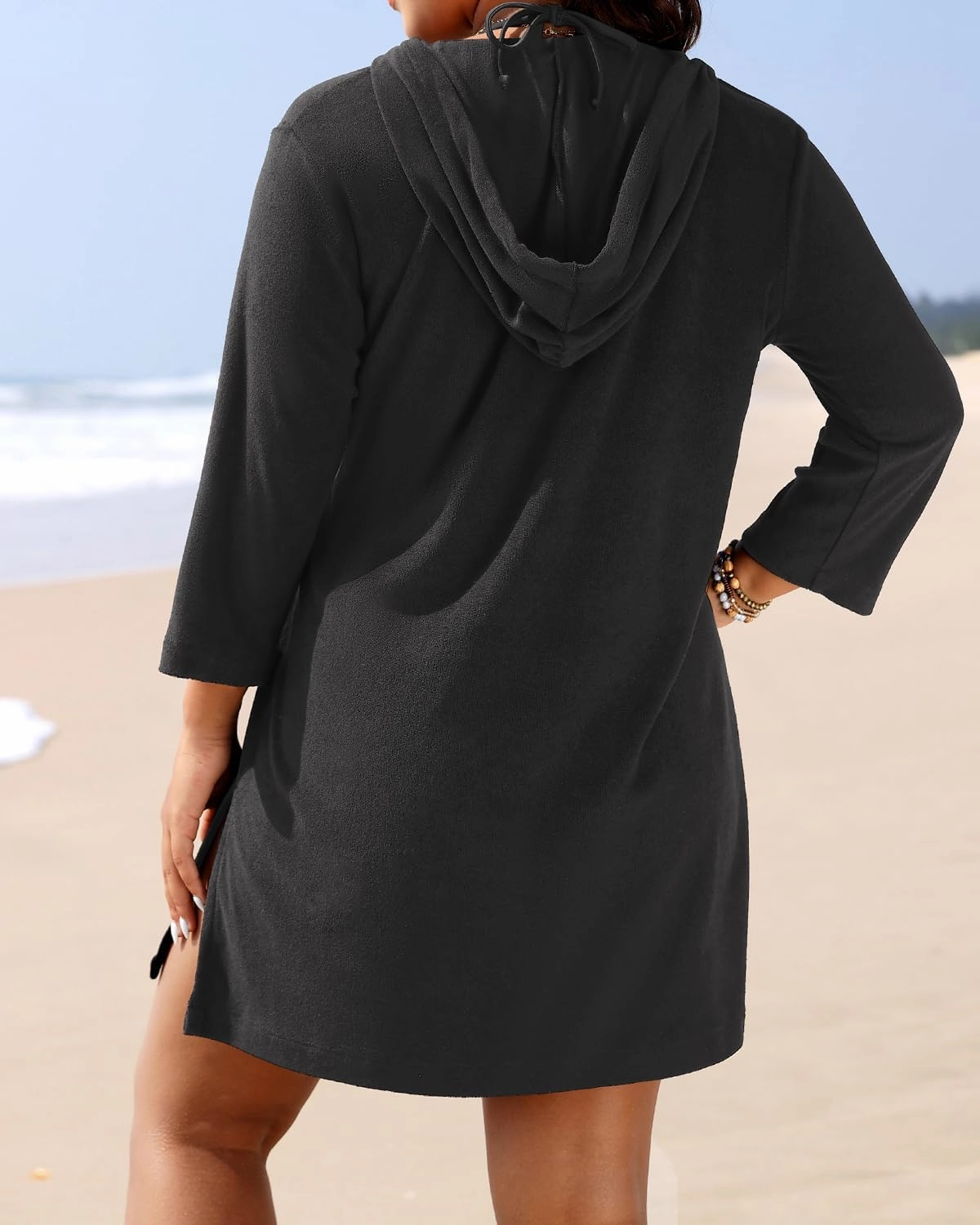 Daci Plus Size Women Terry Cloth Swimsuit Cover Up Long Sleeve Beach Bathing Suit Coverup Hooded Cotton Swim with Pockets