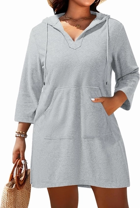 Daci Plus Size Women Terry Cloth Swimsuit Cover Up Long Sleeve Beach Bathing Suit Coverup Hooded Cotton Swim with Pockets