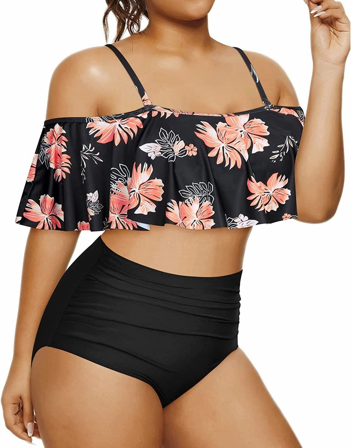 Daci Women Plus Size Bikini Sets High Waisted Ruffle Tummy Control Two Piece Swimsuit Off Shoulder Lace up Bathing Suit