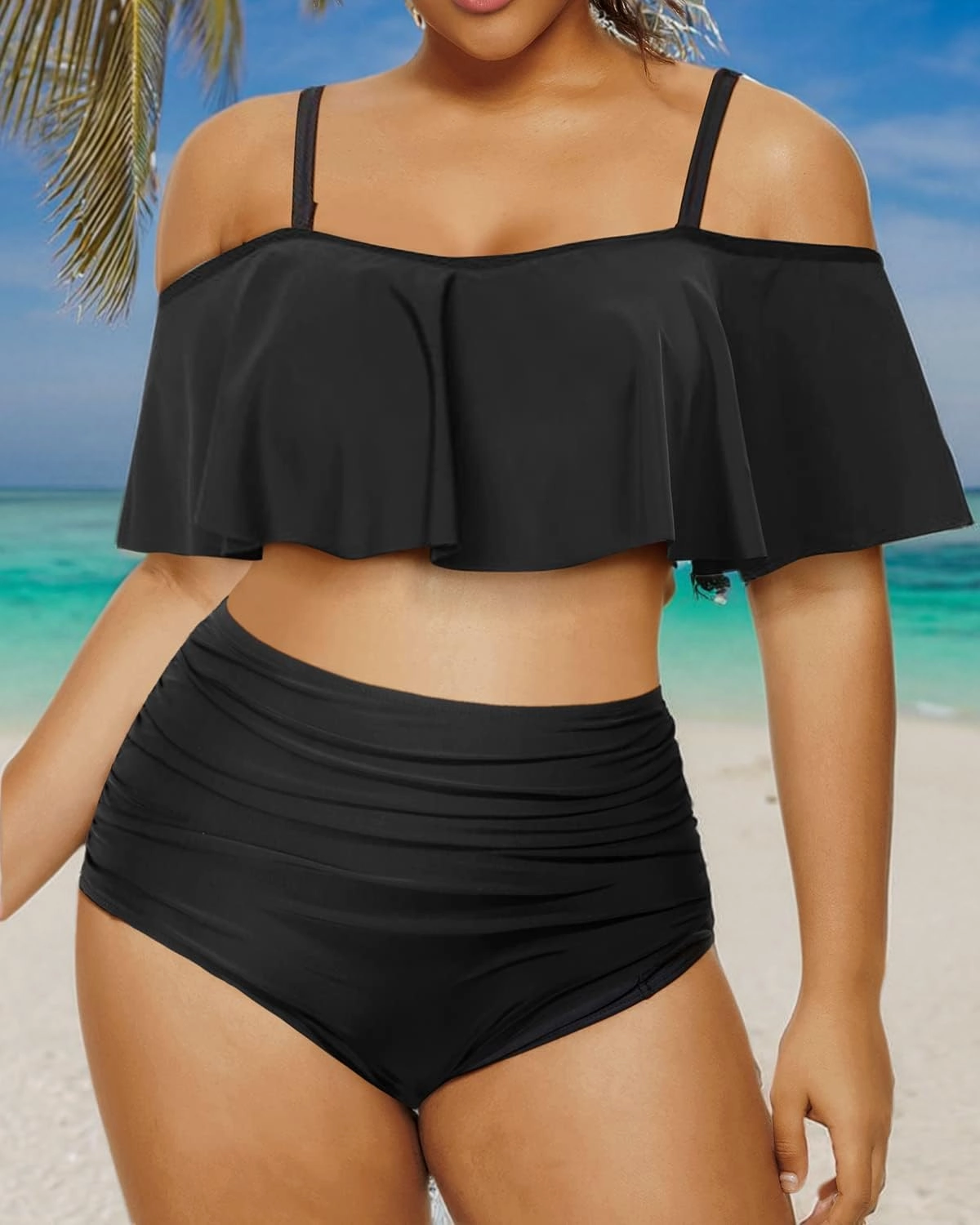 Daci Women Plus Size Bikini Sets High Waisted Ruffle Tummy Control Two Piece Swimsuit Off Shoulder Lace up Bathing Suit
