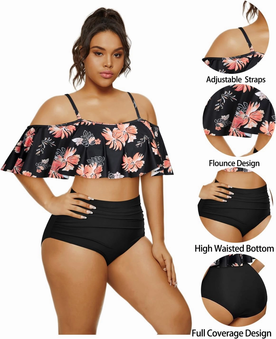 Daci Women Plus Size Bikini Sets High Waisted Ruffle Tummy Control Two Piece Swimsuit Off Shoulder Lace up Bathing Suit
