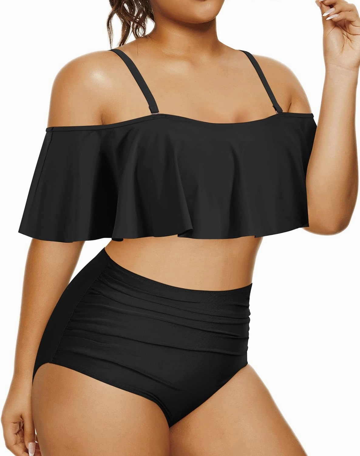 Daci Women Plus Size Bikini Sets High Waisted Ruffle Tummy Control Two Piece Swimsuit Off Shoulder Lace up Bathing Suit