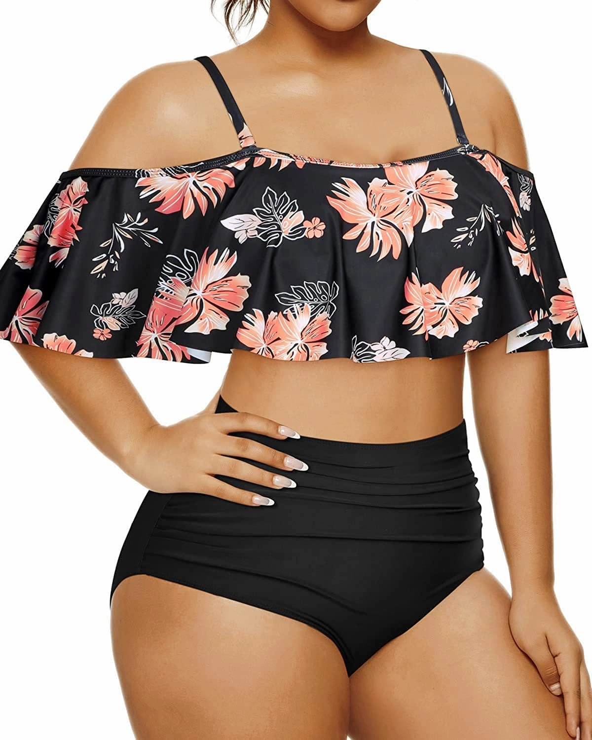 Daci Women Plus Size Bikini Sets High Waisted Ruffle Tummy Control Two Piece Swimsuit Off Shoulder Lace up Bathing Suit