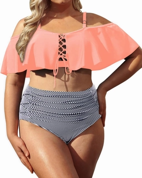 Daci Women Plus Size Bikini Sets High Waisted Ruffle Tummy Control Two Piece Swimsuit Off Shoulder Lace up Bathing Suit