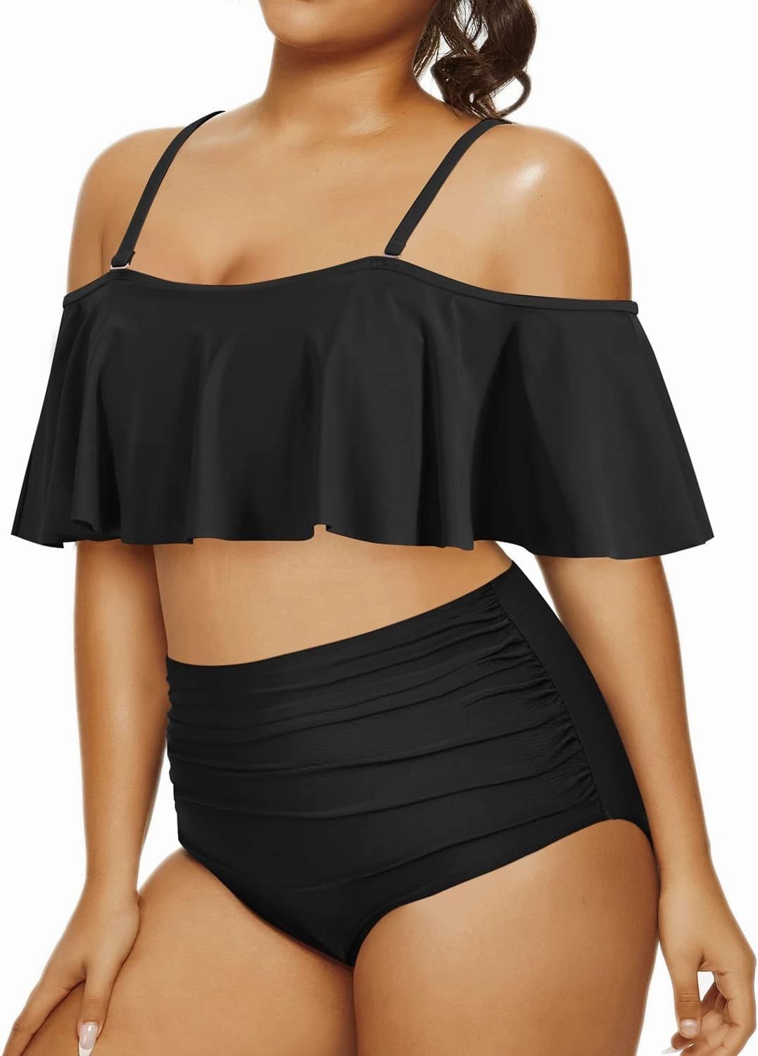 Daci Women Plus Size Bikini Sets High Waisted Ruffle Tummy Control Two Piece Swimsuit Off Shoulder Lace up Bathing Suit