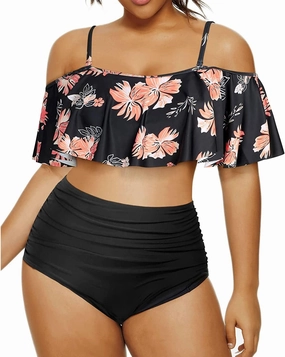 Daci Women Plus Size Bikini Sets High Waisted Ruffle Tummy Control Two Piece Swimsuit Off Shoulder Lace up Bathing Suit