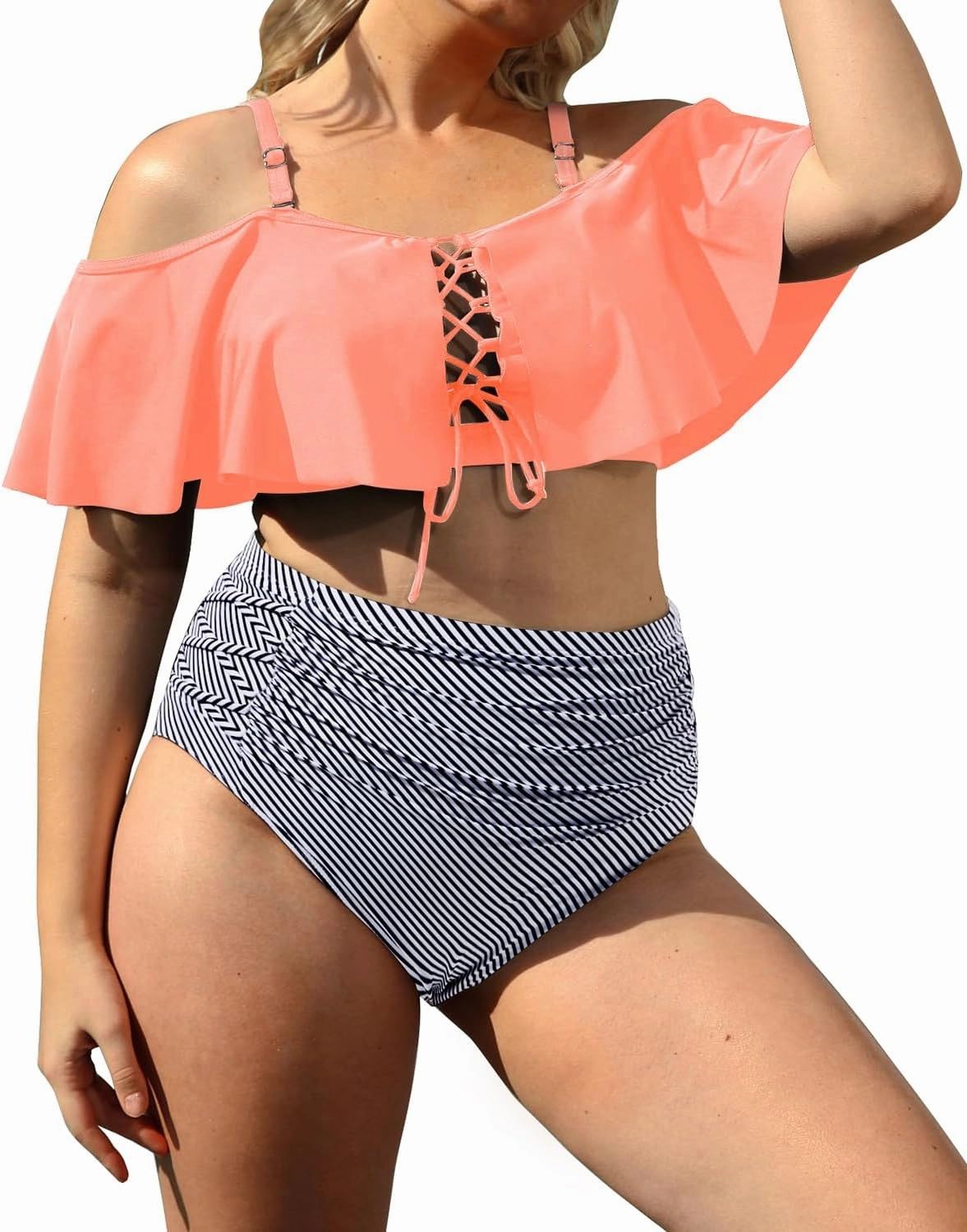 Daci Women Plus Size Bikini Sets High Waisted Ruffle Tummy Control Two Piece Swimsuit Off Shoulder Lace up Bathing Suit