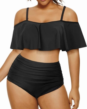 Daci Women Plus Size Bikini Sets High Waisted Ruffle Tummy Control Two Piece Swimsuit Off Shoulder Lace up Bathing Suit