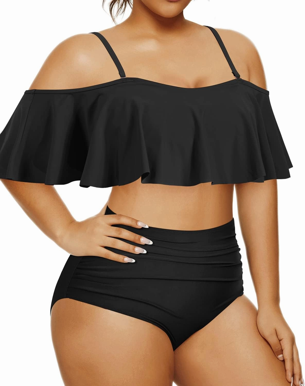 Daci Women Plus Size Bikini Sets High Waisted Ruffle Tummy Control Two Piece Swimsuit Off Shoulder Lace up Bathing Suit