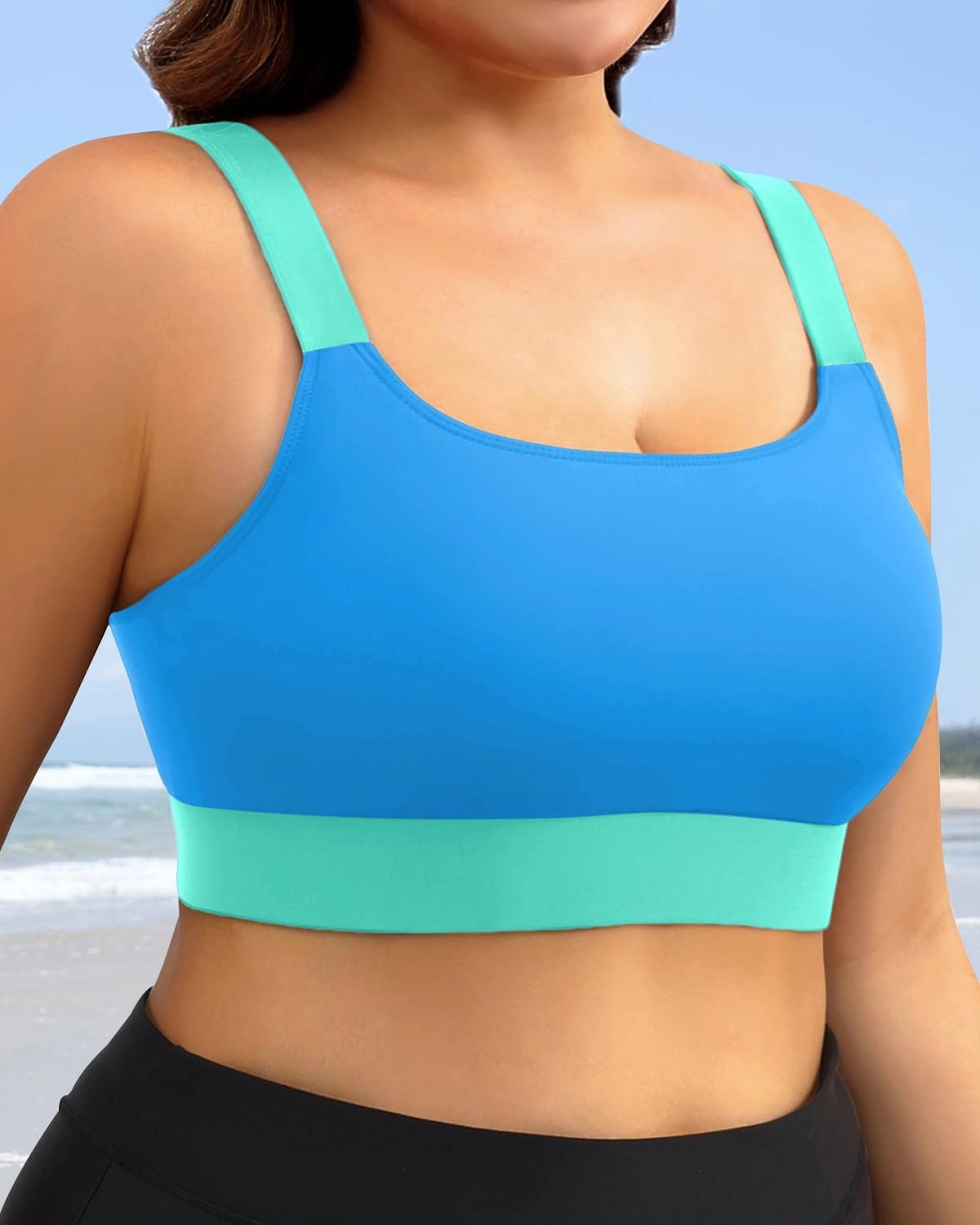 Daci Women Plus Size Sports Bra Bikini Top Only Push Up Scoop Neck Swim Top Full Coverage Bathing Suit for Large Bust