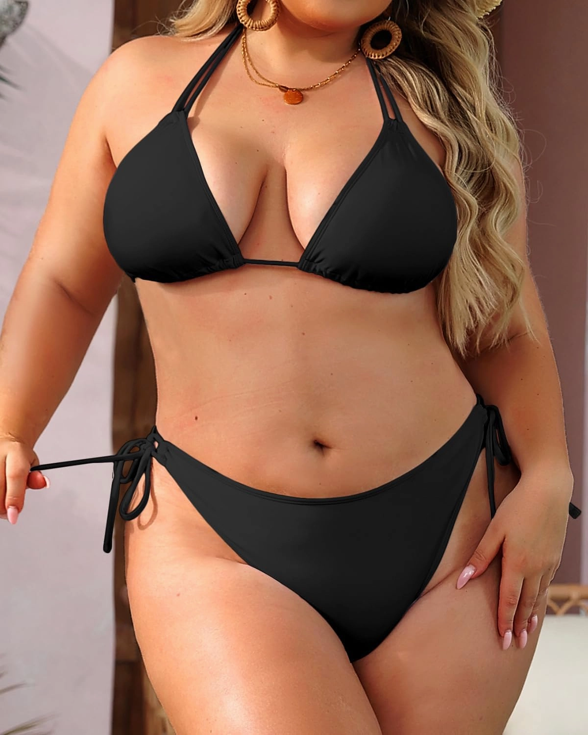 Daci Women Plus Size Triangle Bikini Sets Two Piece Double Straps Halter Swimsuit Side Tie String Sexy Bathing Suits