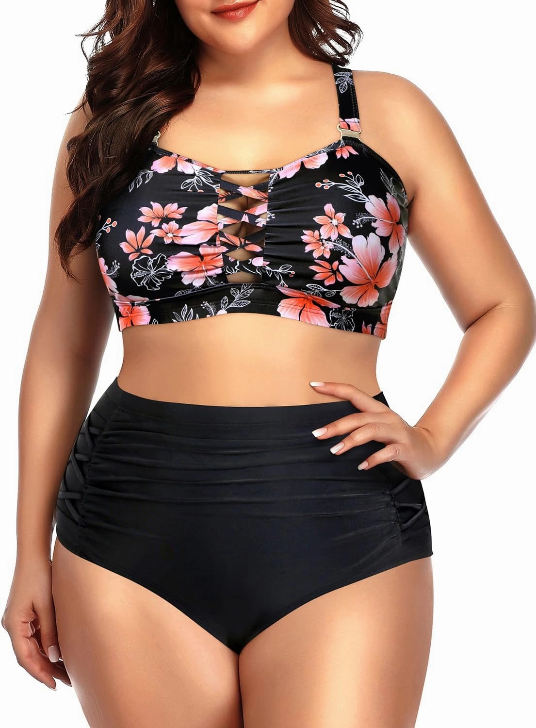 Daci Women Plus Size Two Piece Swimsuit - High Waisted Bikini Tummy Control Bathing Suit Bandeau Swimwear