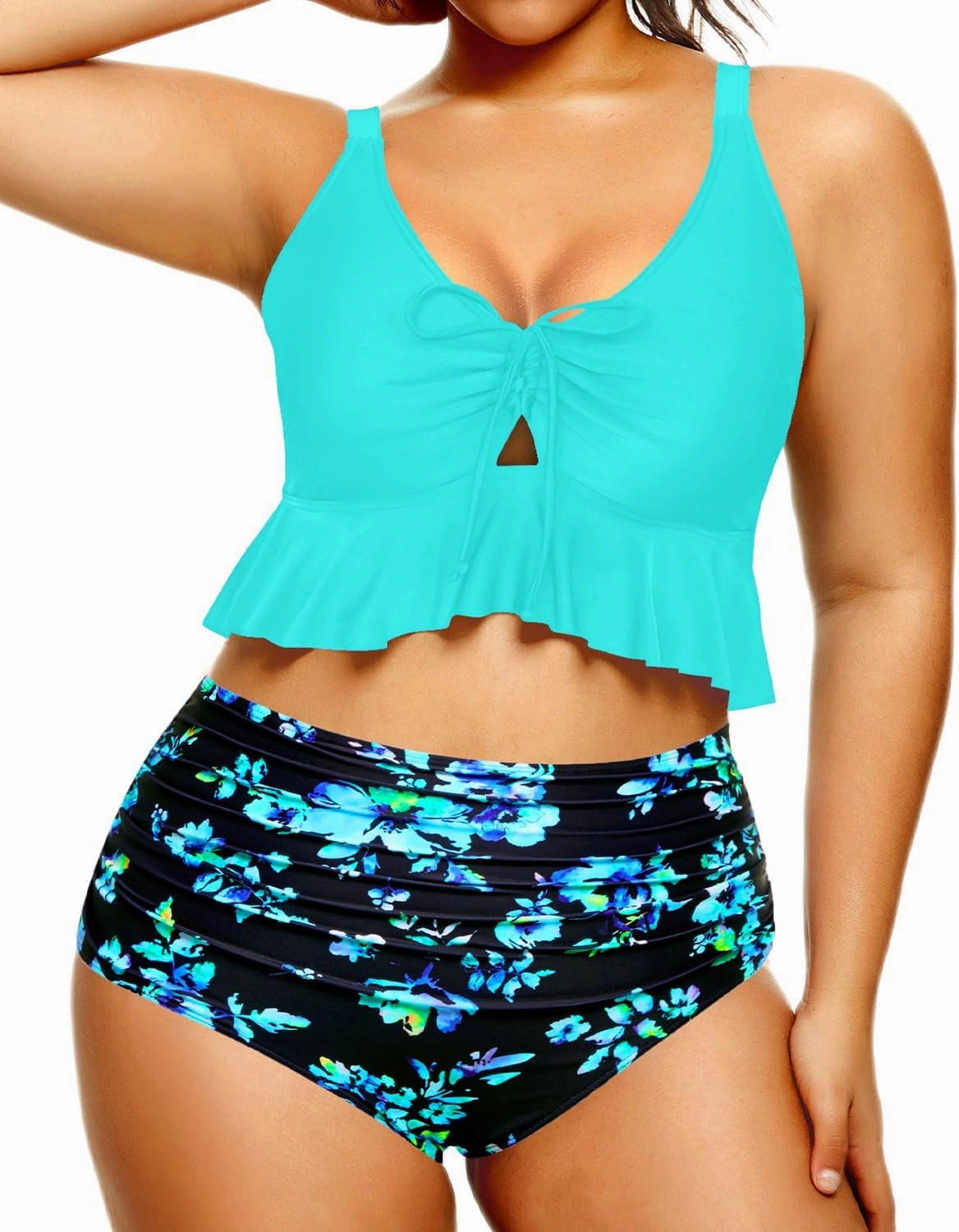 Daci Women Plus Size Two Piece Swimsuits High Waisted Bikini Set Ruffle Flounce Tummy Control Bathing Suits with Bottom