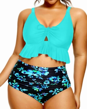 Daci Women Plus Size Two Piece Swimsuits High Waisted Bikini Set Ruffle Flounce Tummy Control Bathing Suits with Bottom