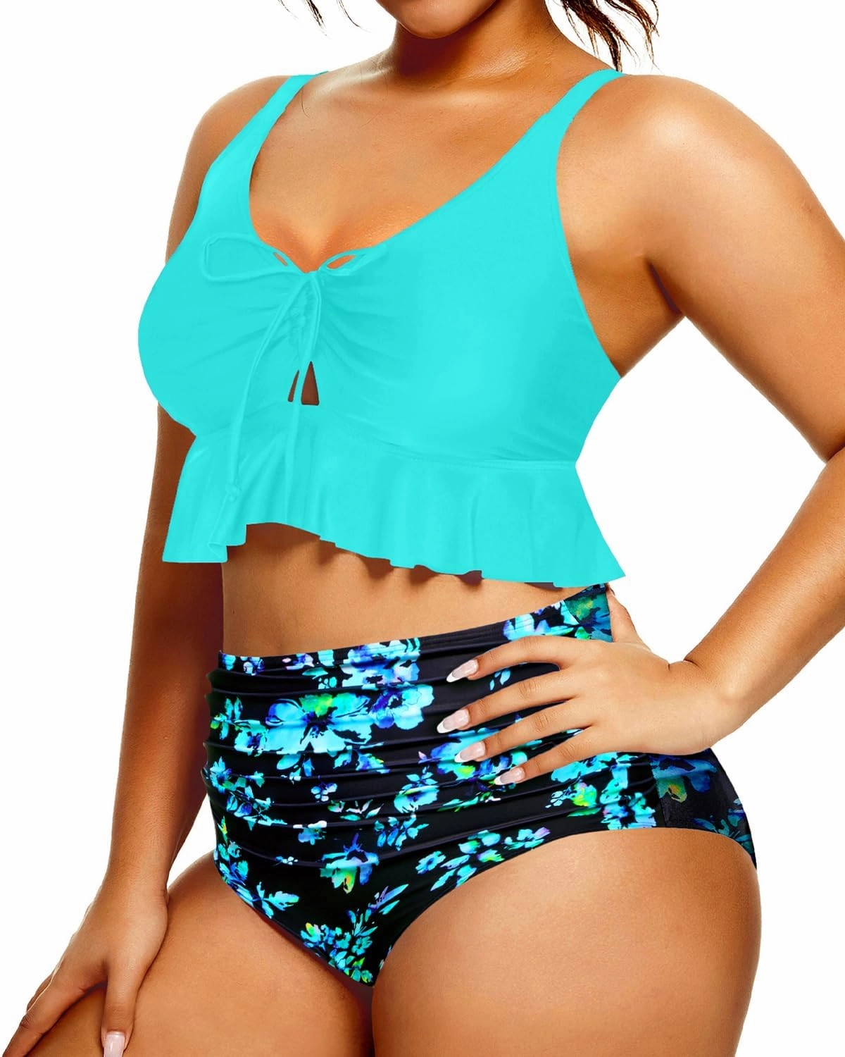 Daci Women Plus Size Two Piece Swimsuits High Waisted Bikini Set Ruffle Flounce Tummy Control Bathing Suits with Bottom