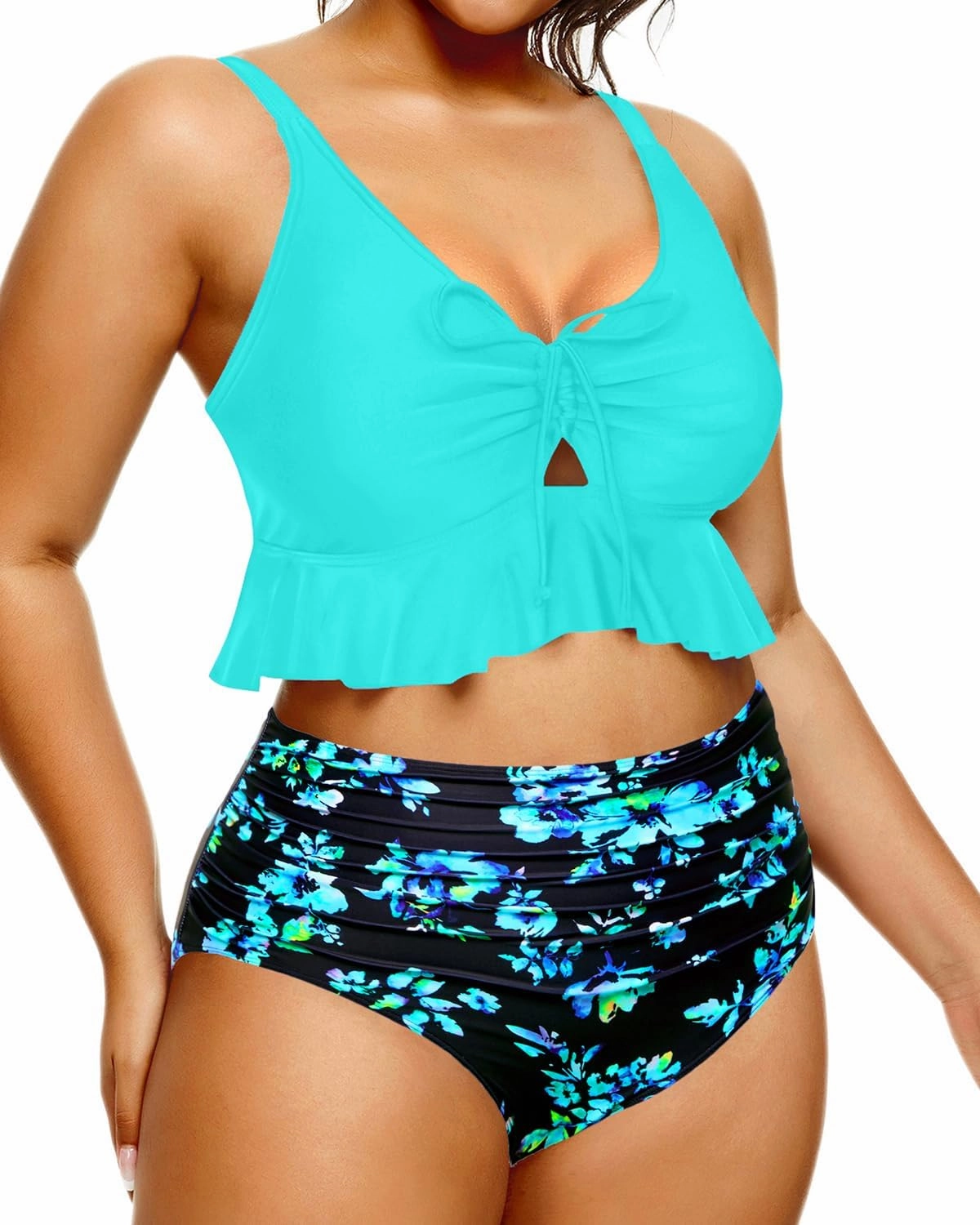 Daci Women Plus Size Two Piece Swimsuits High Waisted Bikini Set Ruffle Flounce Tummy Control Bathing Suits with Bottom