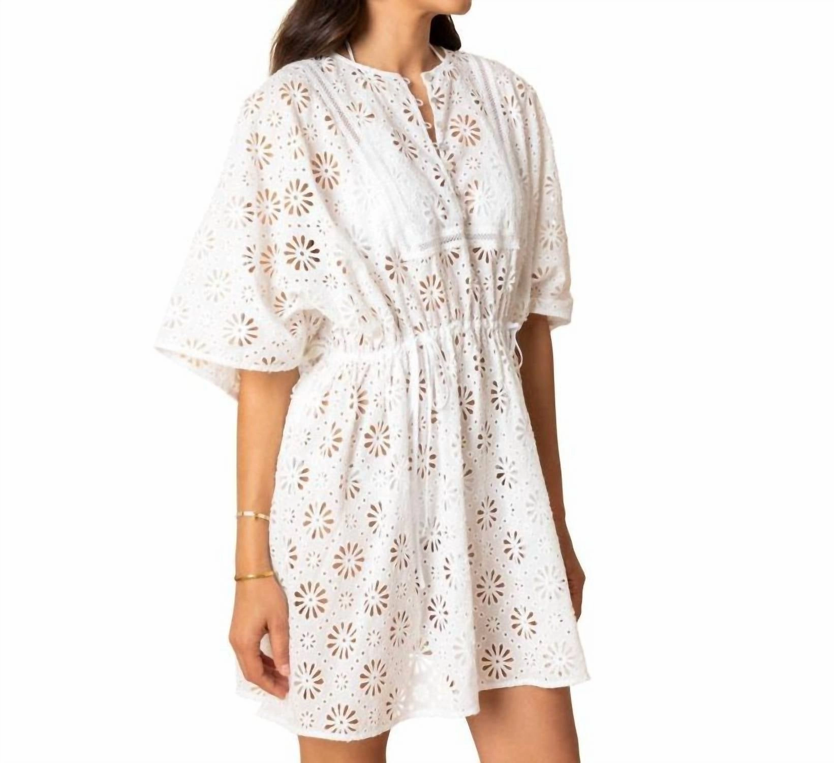 Daisy Eyelet Mini Caftan Cover Up Dress In White