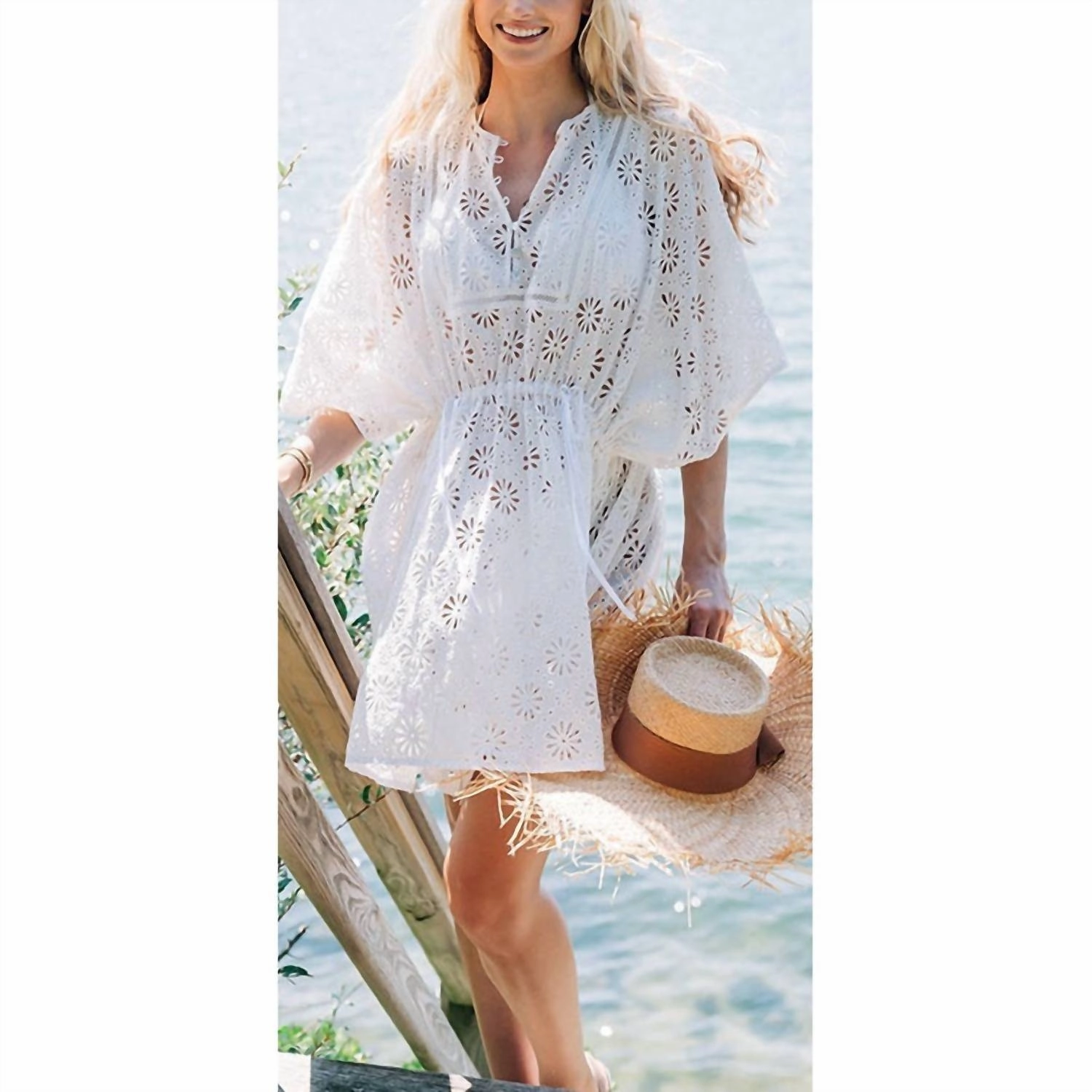 Daisy Eyelet Mini Caftan Cover Up Dress In White
