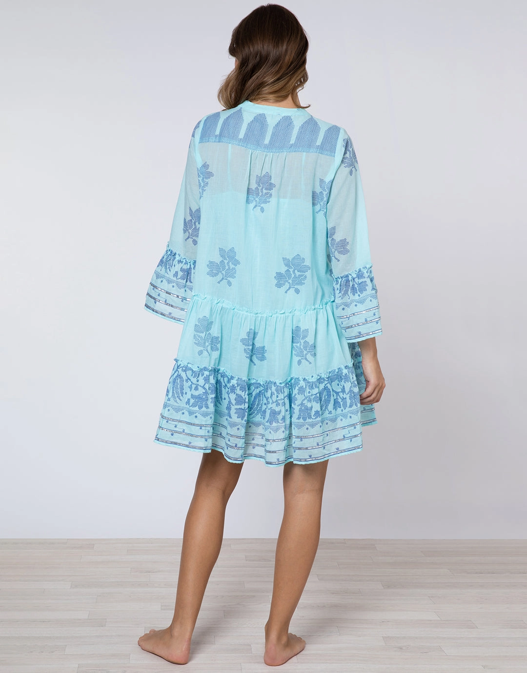 Dhaka Print Flared Sleeve Dress - Blue and Royal Blue