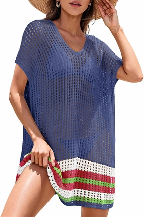 Dokotoo Women's Swimwear Beach Bikini Swimsuit Color Block Cover-ups Crochet Striped Side Split Mini Dress