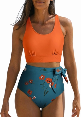 Dokotoo Womens 2 Piece Swimsuit Scoop Neck Sleeveless 2025 Racerback Top Tummy Control Tie Knot Bathing Suits Floral Bottoms