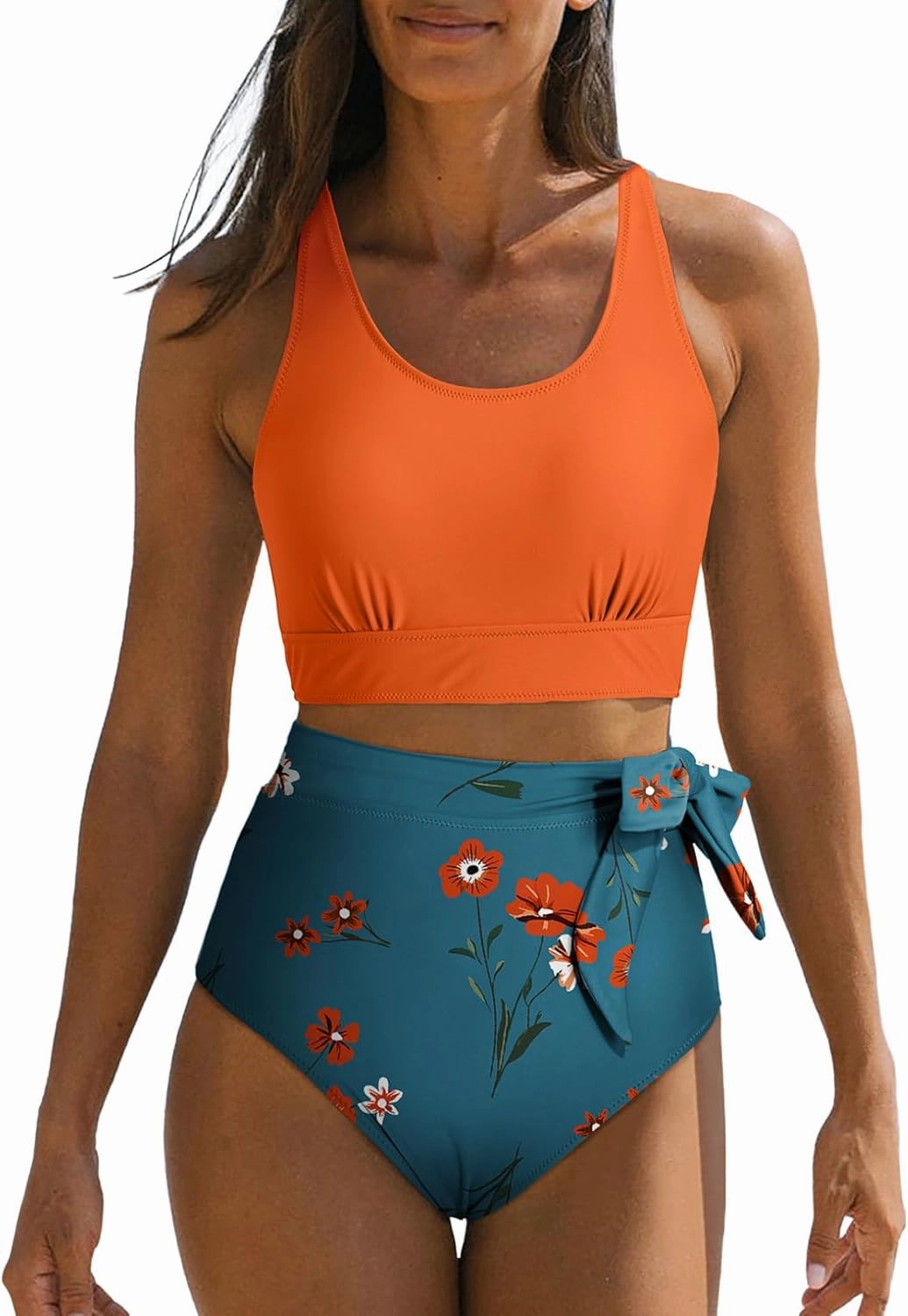 Dokotoo Womens 2 Piece Swimsuit Scoop Neck Sleeveless 2025 Racerback Top Tummy Control Tie Knot Bathing Suits Floral Bottoms