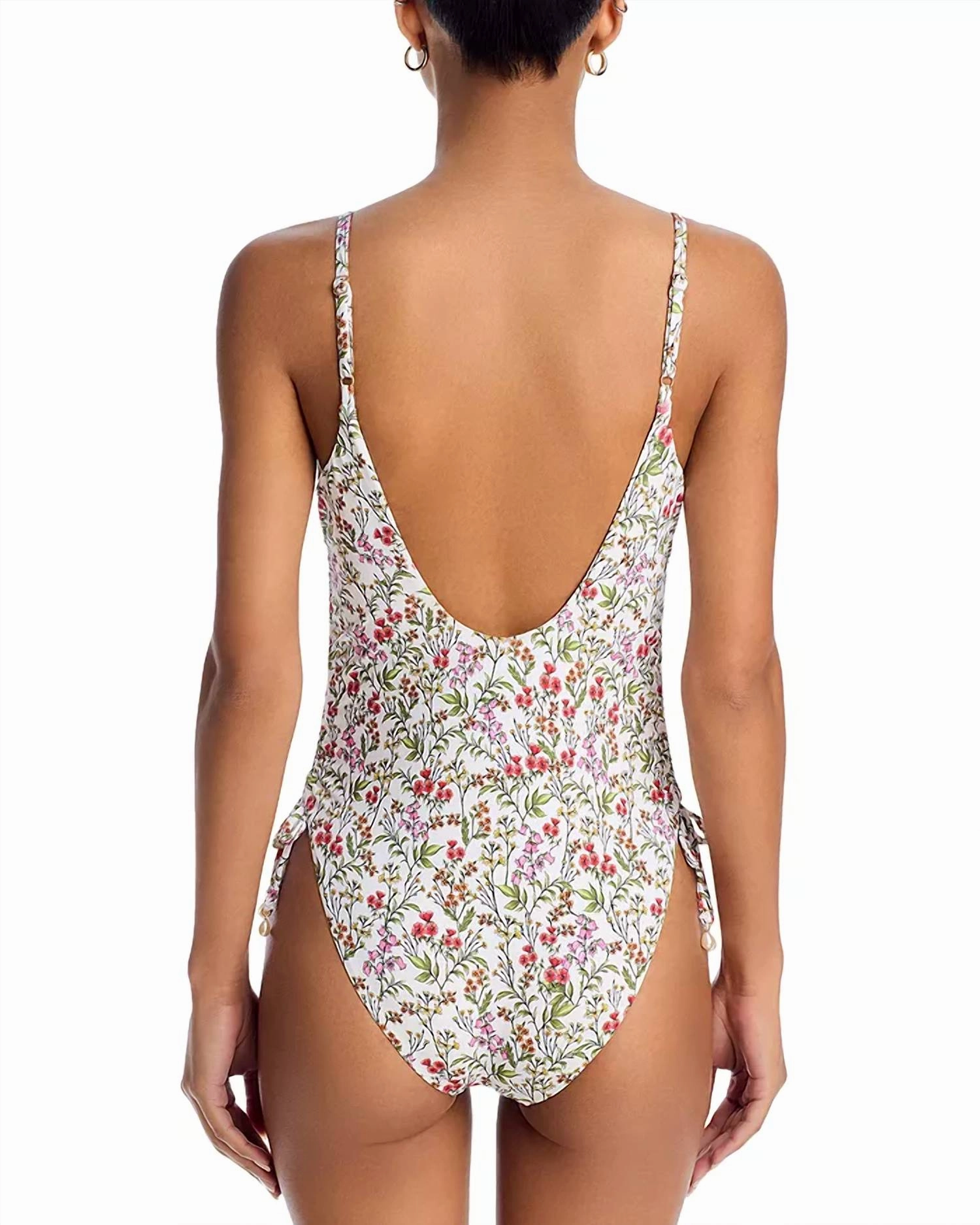Drawstring One Piece Swimsuit In White Multi