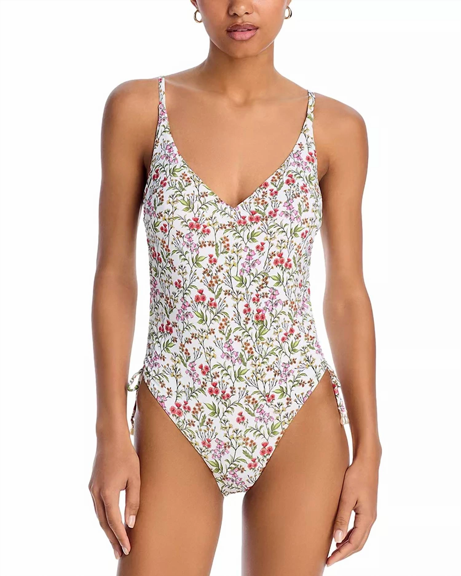 Drawstring One Piece Swimsuit In White Multi