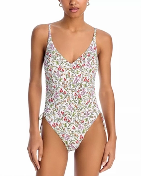 Drawstring One Piece Swimsuit In White Multi