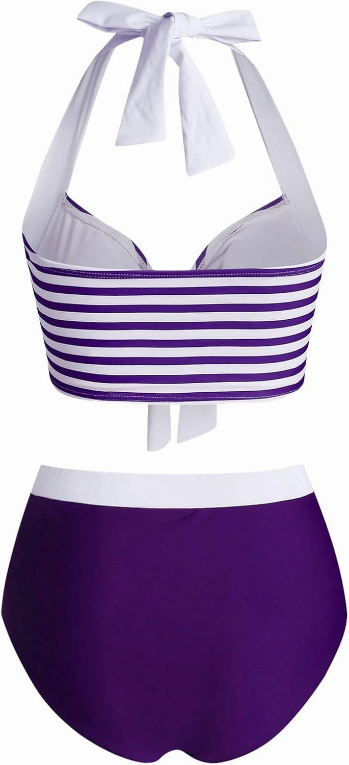 DRESSFO Women's Bikini Set American Flag Halter Two Piece High Waisted Swimsuit Stripe Vintage Tummy Control Bathing Suit