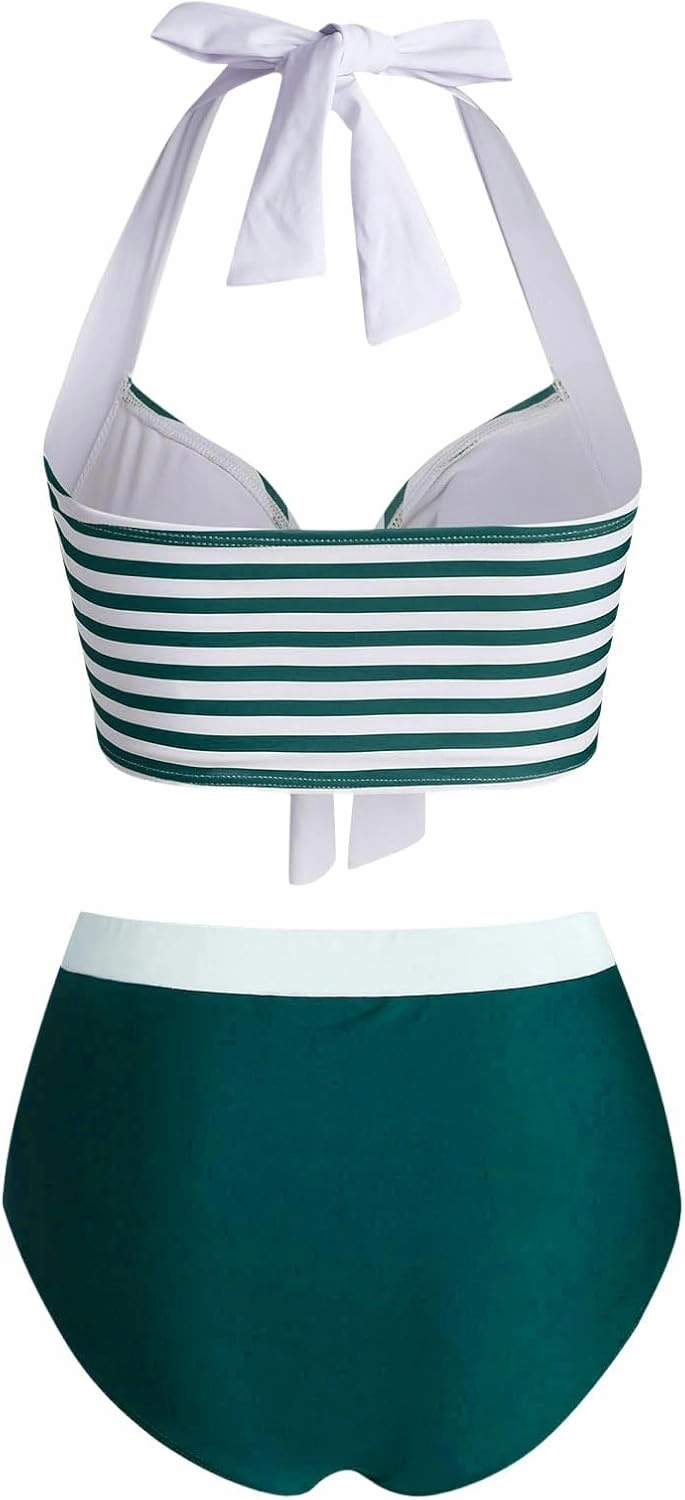 DRESSFO Women's Bikini Set American Flag Halter Two Piece High Waisted Swimsuit Stripe Vintage Tummy Control Bathing Suit