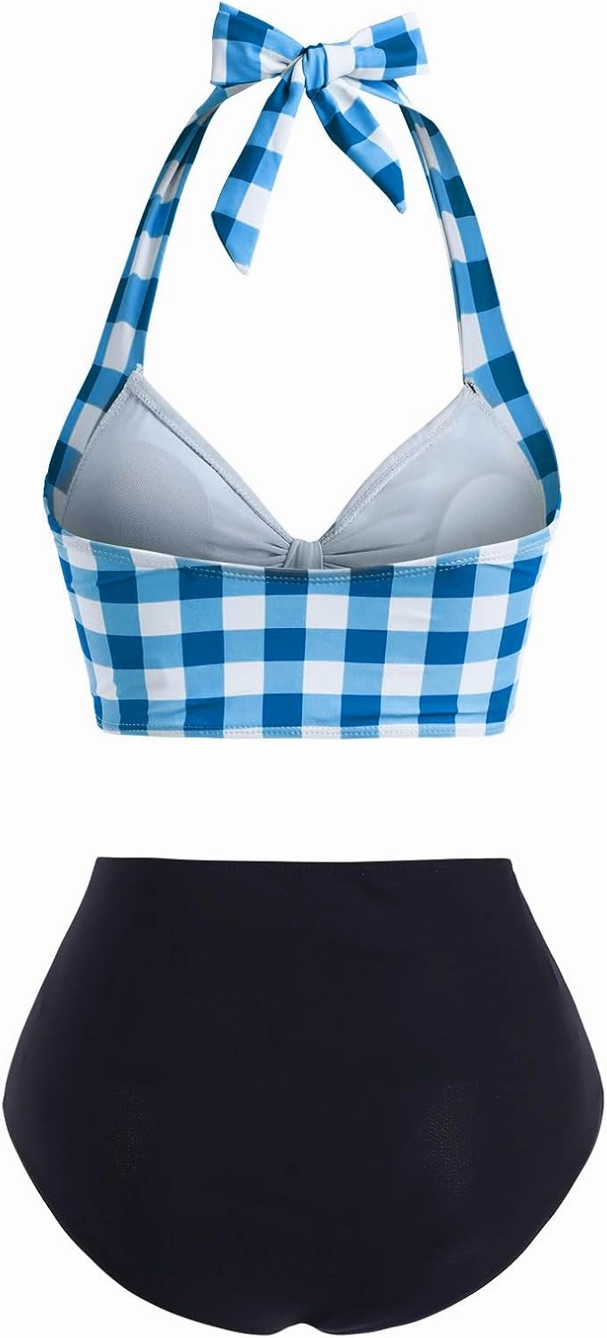 DRESSFO Women's Bikini Set Halter Two Piece High Waisted Swimsuit Plaid Retro Tummy Control Tankini Bathing Suit