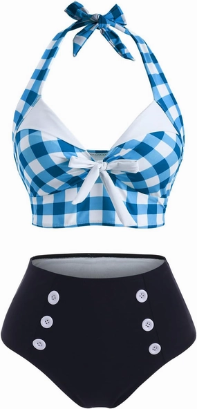 DRESSFO Women's Bikini Set Halter Two Piece High Waisted Swimsuit Plaid Retro Tummy Control Tankini Bathing Suit