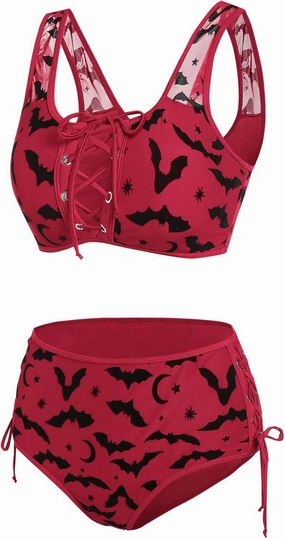 DRESSFO Women's High Waisted Bikini Sets Two Piece Padded Retro Vintage Tummy Control Swimsuit Gothic Bathing Suit