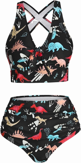 DRESSFO Women's High Waisted Bikini Sets Two Piece Padded Retro Vintage Tummy Control Swimsuit Gothic Bathing Suit