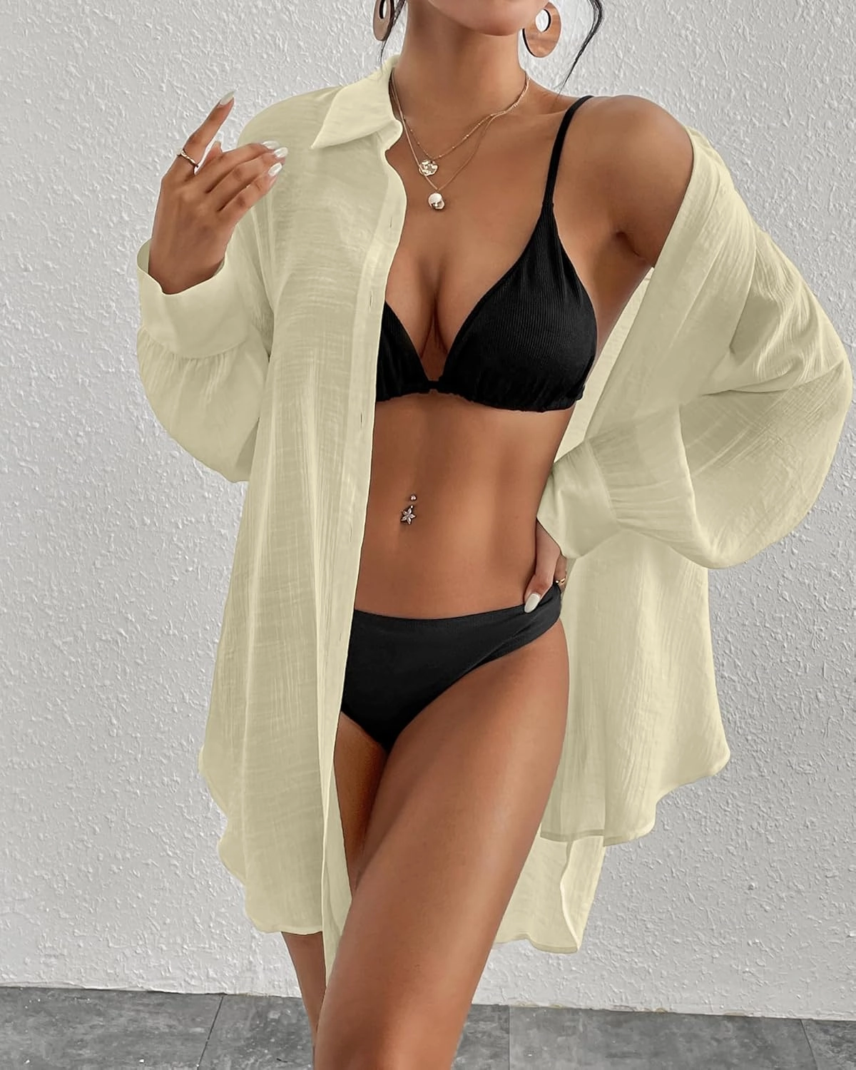 Eddoyee Womens Button Down Shirts V-Neck Long Sleeve Bikini Bathing Suit Cover Up Plus Size Causal Blouse Beachwear
