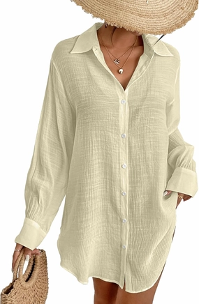 Eddoyee Womens Button Down Shirts V-Neck Long Sleeve Bikini Bathing Suit Cover Up Plus Size Causal Blouse Beachwear