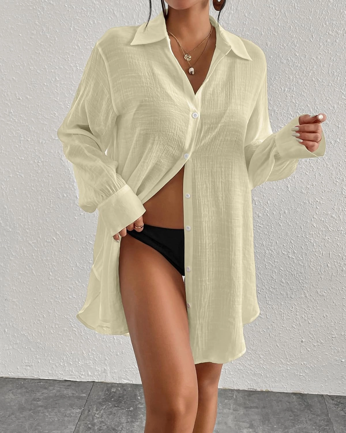 Eddoyee Womens Button Down Shirts V-Neck Long Sleeve Bikini Bathing Suit Cover Up Plus Size Causal Blouse Beachwear