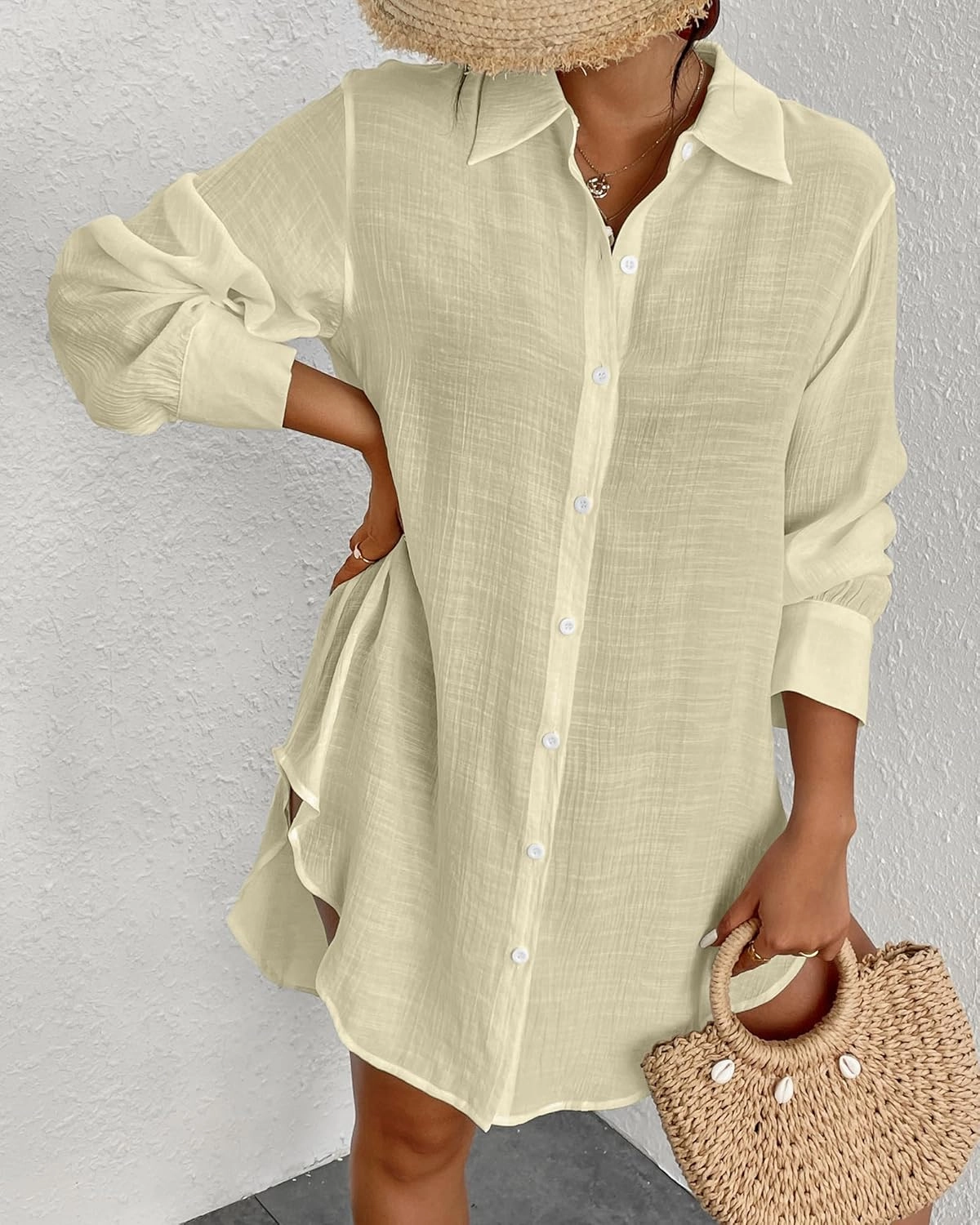 Eddoyee Womens Button Down Shirts V-Neck Long Sleeve Bikini Bathing Suit Cover Up Plus Size Causal Blouse Beachwear