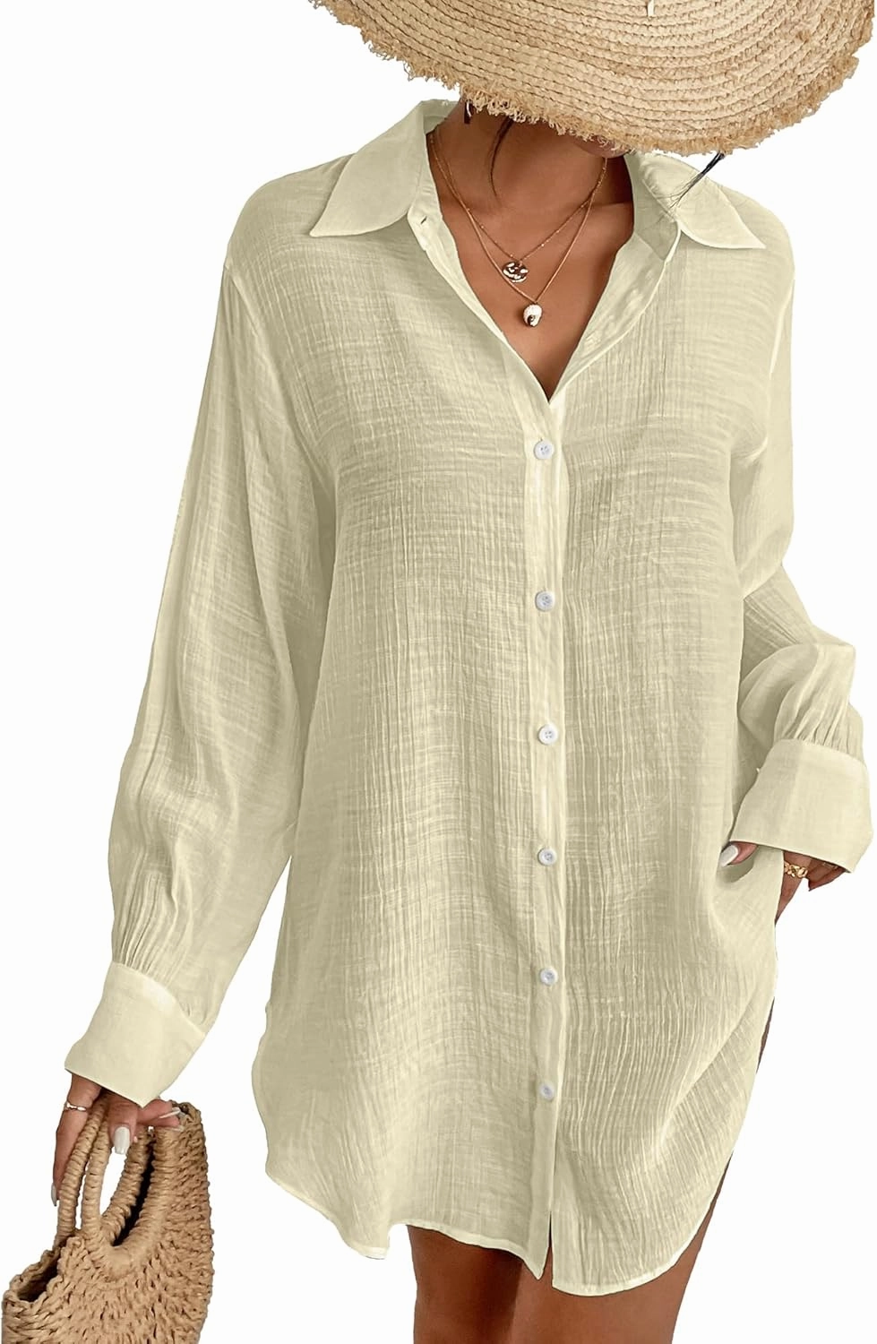 Eddoyee Womens Button Down Shirts V-Neck Long Sleeve Bikini Bathing Suit Cover Up Plus Size Causal Blouse Beachwear
