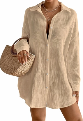 Eddoyee Womens Button Down Shirts V-Neck Long Sleeve Bikini Bathing Suit Cover Up Plus Size Causal Blouse Beachwear
