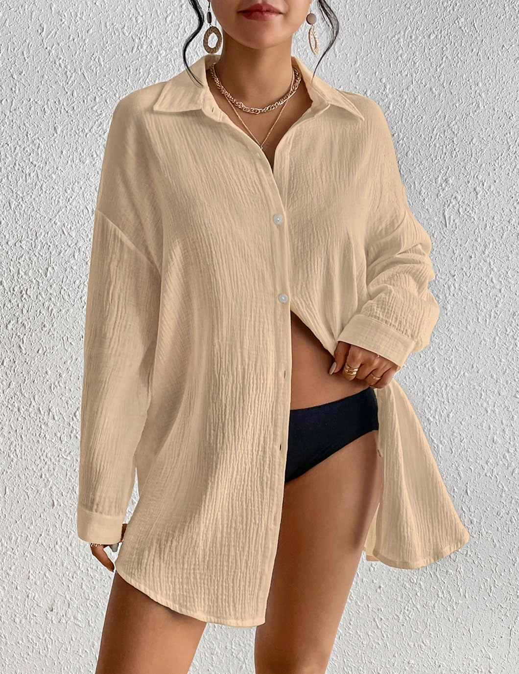 Eddoyee Womens Button Down Shirts V-Neck Long Sleeve Bikini Bathing Suit Cover Up Plus Size Causal Blouse Beachwear