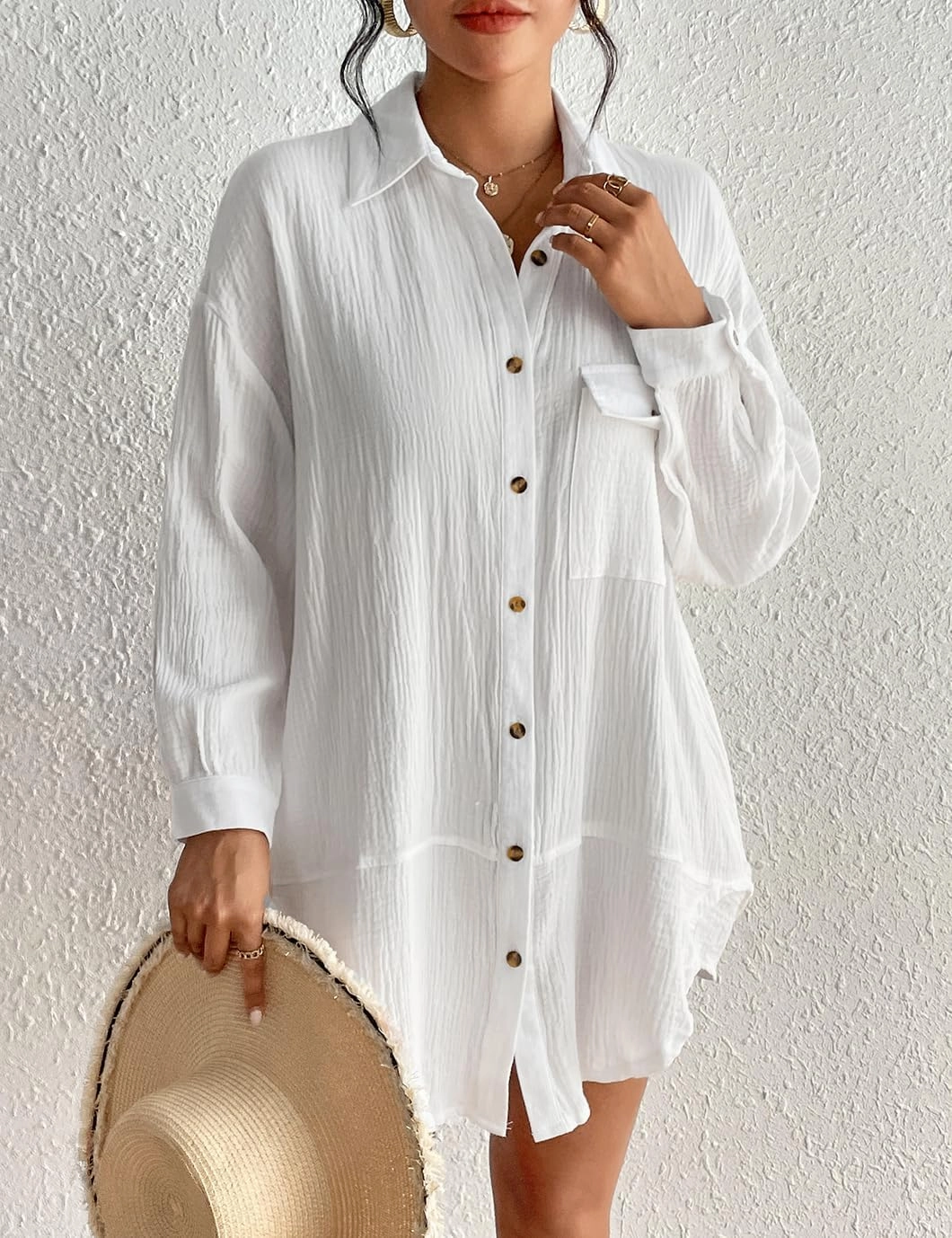 Eddoyee Womens Casual Button Down Shirts V-Neck Long Sleeve Bathing Suit Cover Up Plus Size Beach Shirt Blouses with Pockets