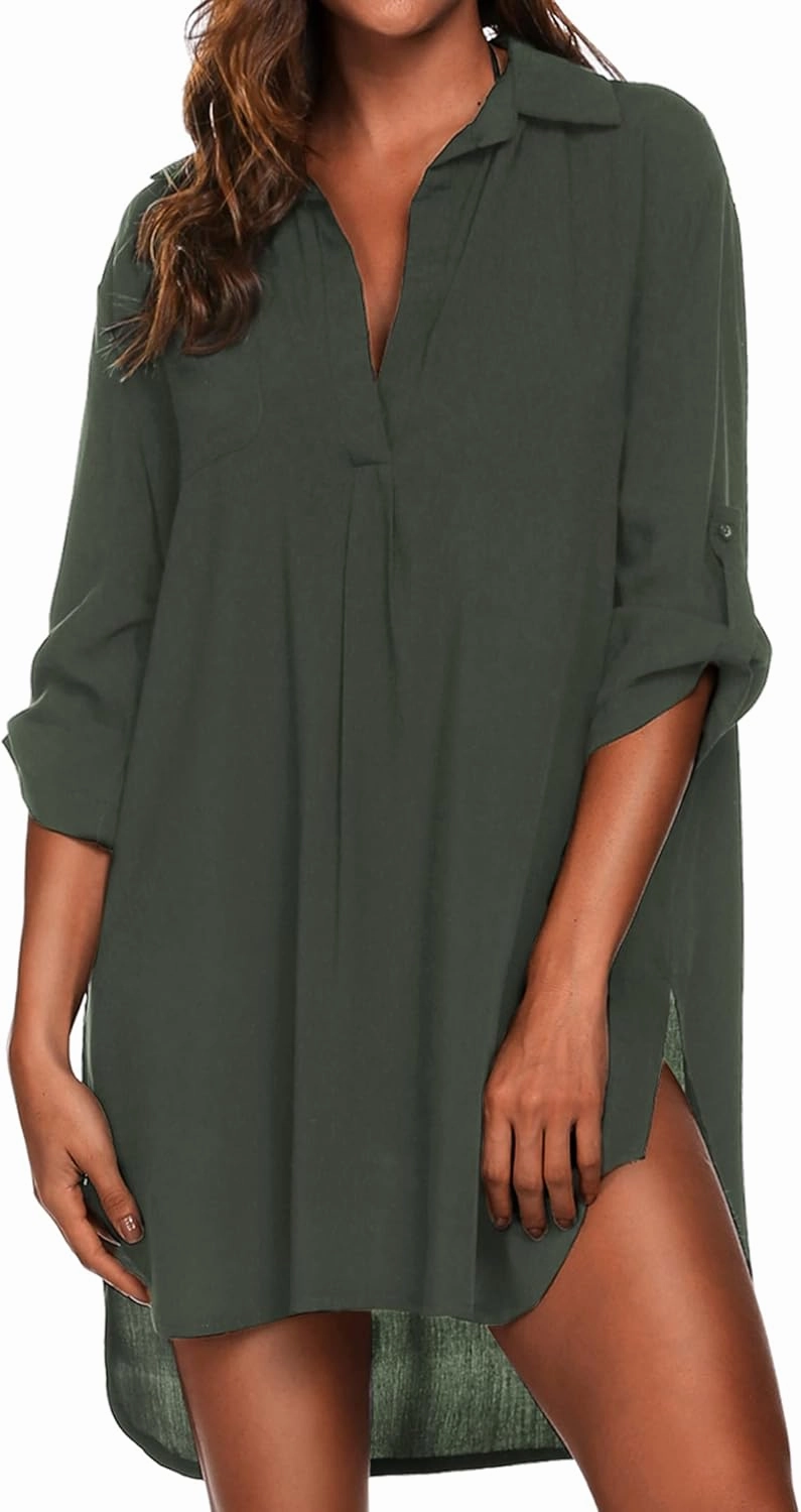 Ekouaer Beach Cover Ups for Women V Neck Bathing Suit Cover Up Bikini Swimsuit Coverup Beach Dress Shirt S-3XL
