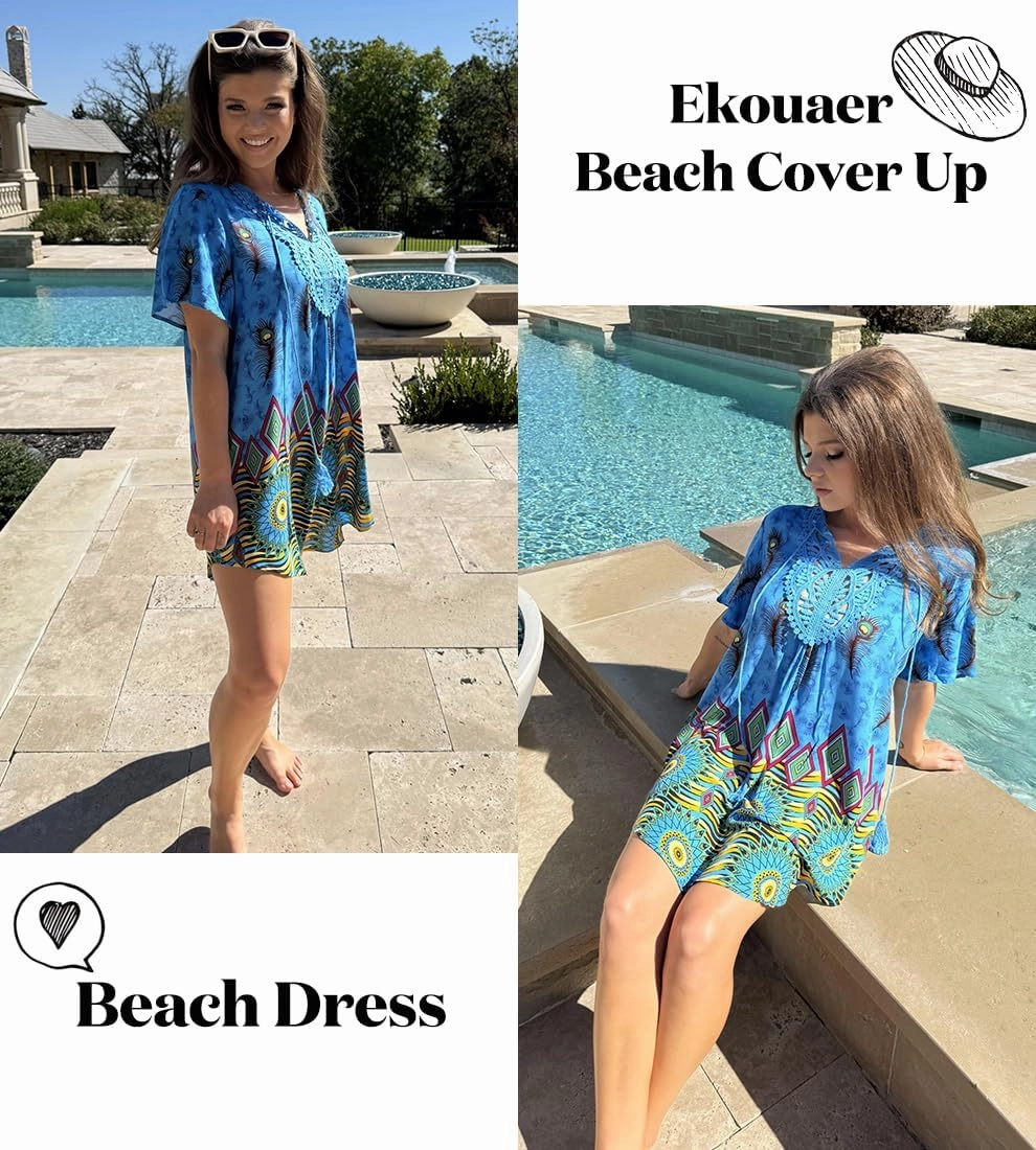 Ekouaer Swimsuit Cover Ups for Women Lace Crochet V-Neck Bikini Beach Coverups Dress for Swimwear Bathing Suit